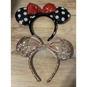 Disney Parks Ears Headbands Lot of Two Rose Gold Sequin & Polka Dot Black Minnie